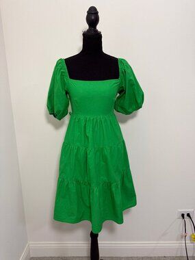 Sim‎ & Sam Green Puff Sleeve Tiered Mini Dress XS Cotton